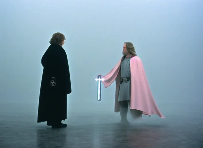 Image similar to Luke skywalker kneels before a strange jedi oracle, a mystic with infinite knowledge of time. in a foggy pink land. still from the 1983 film directed byalejandro jodorowsky. holy mountain, Photographed with Leica Summilux-M 24 mm lens, ISO 100, f/8, Portra 400