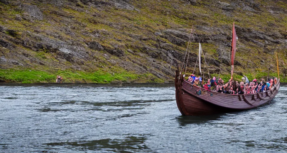 Prompt: a viking ship sailing down a river, f / 2. 8, motion blur