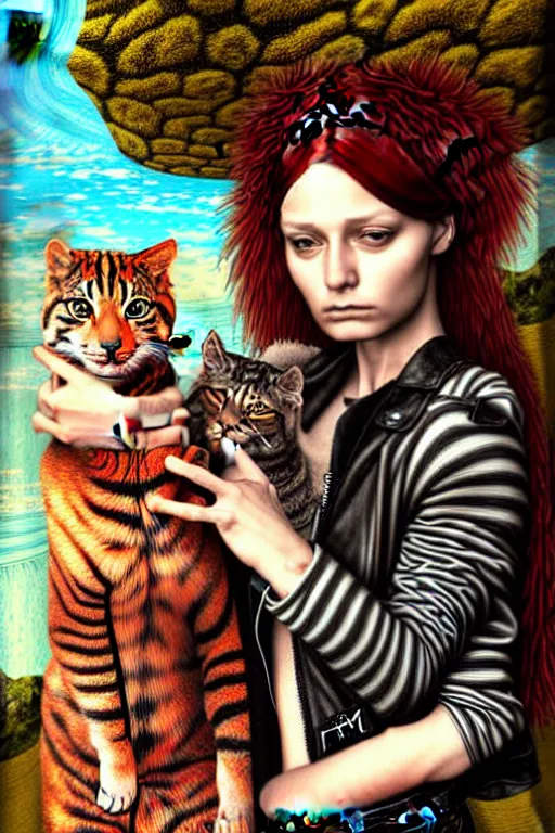 Image similar to punk rock girls making selfie with kind cats in jungle , mad max jacket, post apocalyptic, renaissance, highly detailed, digital painting, oil painting by Leonardo Da Vinci, hyper realistic style, fantasy by Olga Fedorova