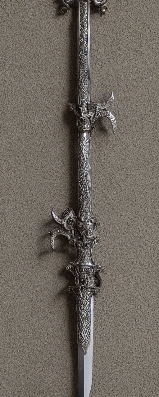 Image similar to sword of justice hanging on a wall, ornate gem in pommel, engraved blade, serrated point, herringbone floor, low angle, museum display, steve argyle