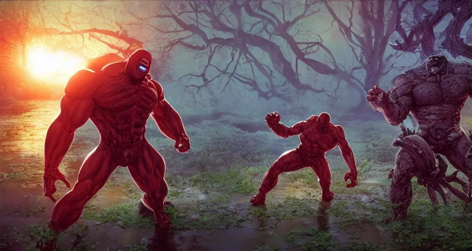 Image similar to Marvel Comics The Psycho Juggernaut Battles The Biomechanical Hulk In A Misty Swamp, bats, sunset, volumetric lighting, hyperrealistic, beautiful details, HDR, octane render, action shot, wide angle, bokeh, Yasushi Niarasawa Moebius Jim Steranko Style