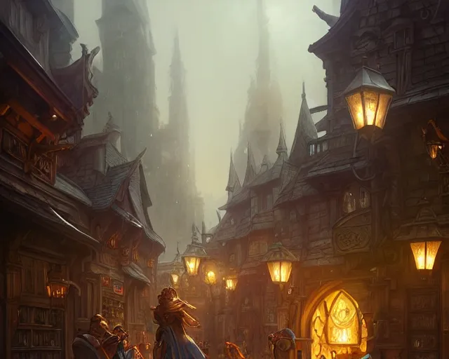 Image similar to fantasy town streets, cloudy, dark, natural lighting, deep focus, d & d, fantasy, intricate, elegant, highly detailed, digital painting, artstation, concept art, matte, sharp focus, illustration, hearthstone, art by artgerm and greg rutkowski and laura sava and alphonse mucha