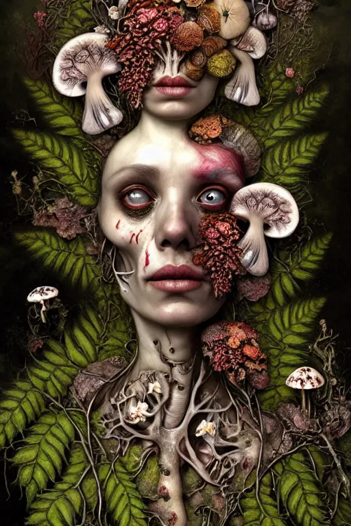 Image similar to beautiful and detailed rotten woman corpse with fractal plants and fractal flowers and mushrooms growing around, face muscles, veins, arteries, intricate, ornate, surreal, ray caesar, john constable, guy denning, dan hillier