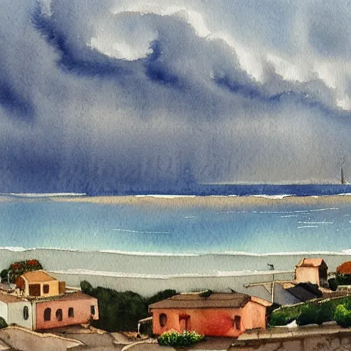 Image similar to a watercolor landscape panorama of a cozy seaside village with a menacing storm cloud on the ocean horizon, highly detailed, masterpiece, very very aesthetic, by anthony micallef