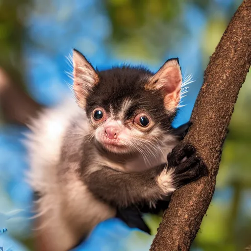 Image similar to a bat kitten, in a tree, Canon EOS R3, telephoto, very detailed, 4k