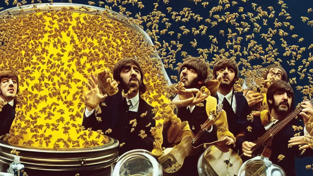 Image similar to The Beatles!!! drowning in honey! in a large honey jar, film still from the movie directed by Denis Villeneuve with art direction by Salvador Dalí, wide lens