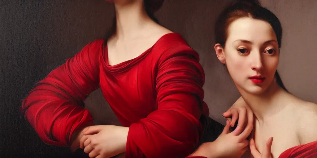 Image similar to beautiful oil matte portrait painting, woman in a red dress covered in rose petals, wonderful masterpiece highly detailed, beautiful cinematic light deep focus, elegant, digital painting, smooth, sharp focus, golden ratio, dramatic illumination, ultra realistic, 8 k, art by artemisia lomi gentileschi and caravaggio