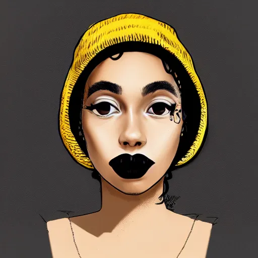 Prompt: illustration of a mixed woman with a septum piercing, short curly hair, winged eyeliner, black beanie, black bomber jacket, goth aesthetic, trending on artstation