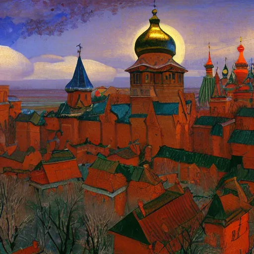 Image similar to photo beautiful magical ancient Slavic Russian city of Kitezh, fisheye lens, painting by Viktor Vasnetsov, concept art, magical city, fantasy cityscape, ancient Slavs, wooden buildings, ancient Russian architecture, terem, hyperborea, painting by Nicholas Roerich, top cinematic lighting , cinematic mood, very detailed, 8k, high resolution, trending on artstation, artstationHD,