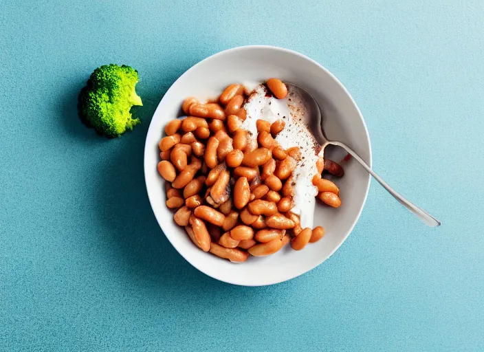 Image similar to food photo still of soft serve swirled frozen yogurt topped with baked beans and broccoli, 8 5 mm f 1. 8 studio lighting