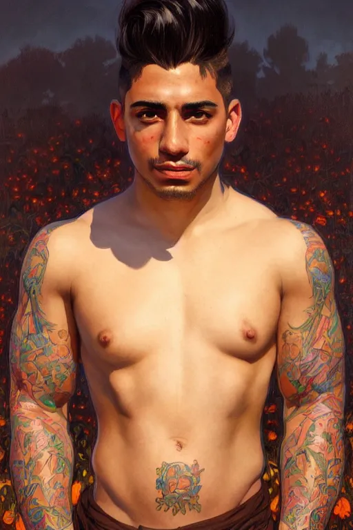 Prompt: clear portrait of a latino attractive men, cottagecore!!, background hyper detailed, character concept, full body, dynamic pose, glowing lights!! intricate, elegant, highly detailed, digital painting, artstation, concept art, smooth, sharp focus, illustration, art by artgerm and greg rutkowski and alphonse mucha
