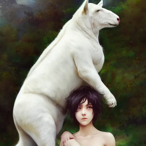 Image similar to a person hugging a large white animal, a detailed painting by krenz cushart, pixiv contest winner, fantasy art, official art, detailed painting, pixiv. highly detailed. 4 k masterpiece. photo realistic. realism. photorealism wideshot