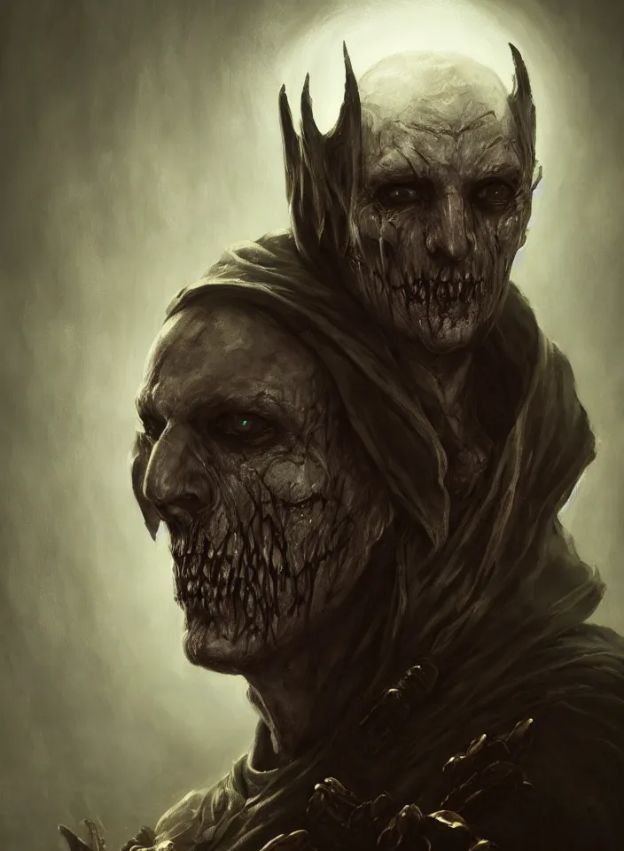 Prompt: a face portrait of a older man as an undead necromancer from skyrim, fantasy setting, beautiful face, serene colors, soft lighting, atmospheric, cinematic, moody, in the style of diego koi, gina heyer, luiz escanuela, art by alyssa monk, hyperrealism, rule of thirds, golden ratio, oil on canvas, 8 k