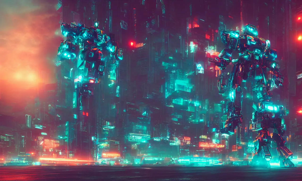 Image similar to insanely moody cinematic render of a transformer autobot on cyberpunk city, teal and orange colors, vaporwave, photorealism, cinema still, photography, octane 3 d, vray render, insane details, 8 k high definition, artstation