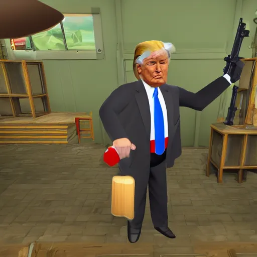 Prompt: Donald trump holding the physics gun in gm_flatgrass, Garry’s mod in game screenshot,