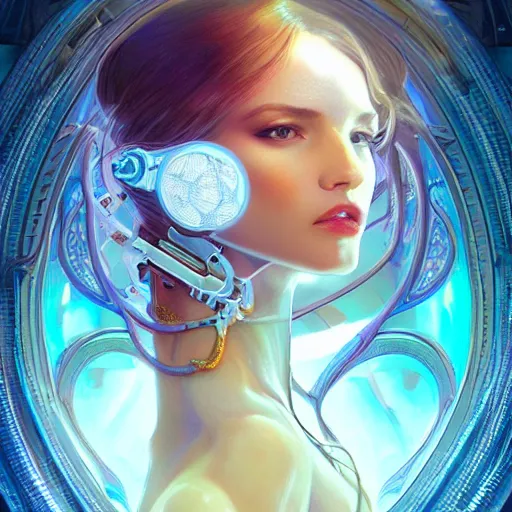 Image similar to front pose, stunning beautiful young girl alluring biomech - cyberpunk model with porcelain skin, rim light, headdress of liquid dark energy, ultra - fine detail, deep space, art nouveau futuristic background, heavily detailed, spherical mesh wire, digital art by artgerm, mucha, loish, wlop, kilian eng, artstation