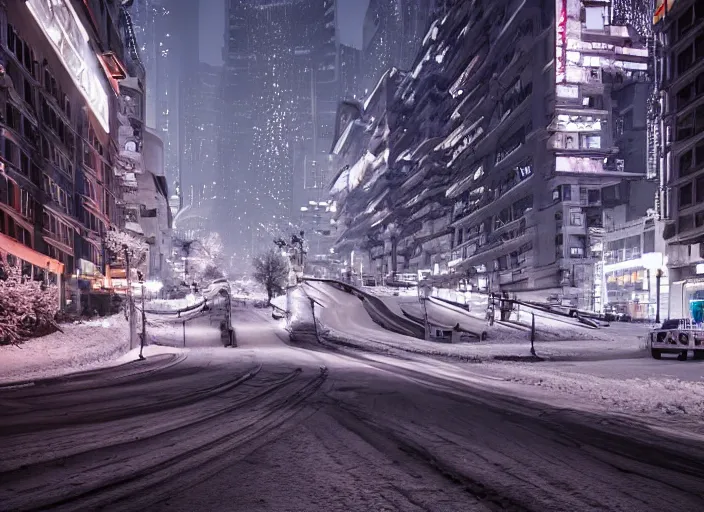 Prompt: a city street covered with snow, winter, dusk, futuristic city, robots populate the street, futuristic cars, extremely detailed, sharp focus, rule of thirds, award winning photography. photo by victor enrich, liam wong.