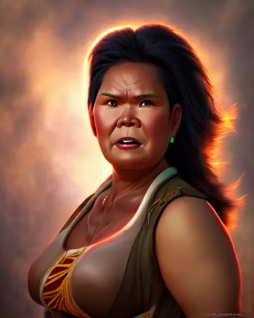 Prompt: welcoming heavy filipina woman character portrait, by don bluth, sci - fi environment, highly detailed, dynamic shadows, 4 k, wallpaper - 1 0 2 4