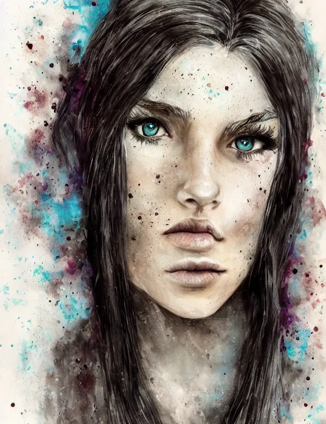 Image similar to portrait of a beautiful young sorceress from skyrim, beautiful eyes, long black hair, aquarelle, realistic painting, freckles, 2 / 4 headshot