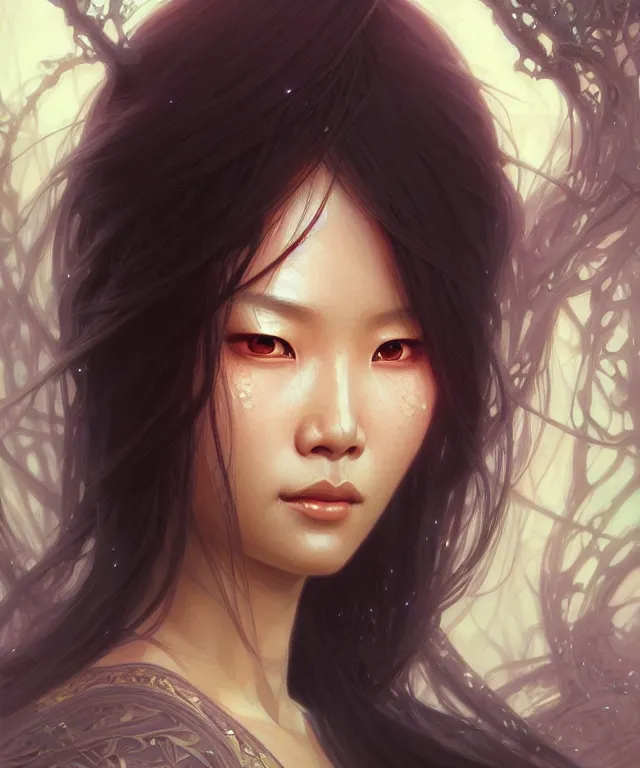 Prompt: Asian woman portrait, sci-fi, amber eyes, face, long hair, fantasy, intricate, elegant, highly detailed, digital painting, artstation, concept art, smooth, sharp focus, illustration, art by artgerm and greg rutkowski and alphonse mucha