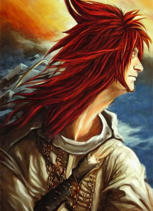 Prompt: epic fantasy portrait painting of a long haired, red headed male sky - pirate in front of an airship in the style of the death note