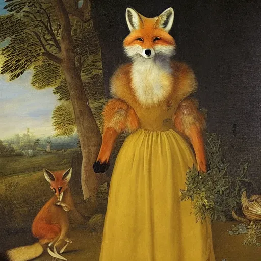 Image similar to A beautiful animal portrait of a fox in a pale yellow dress by Robert Cleminson and Jan Brueghel the Elder