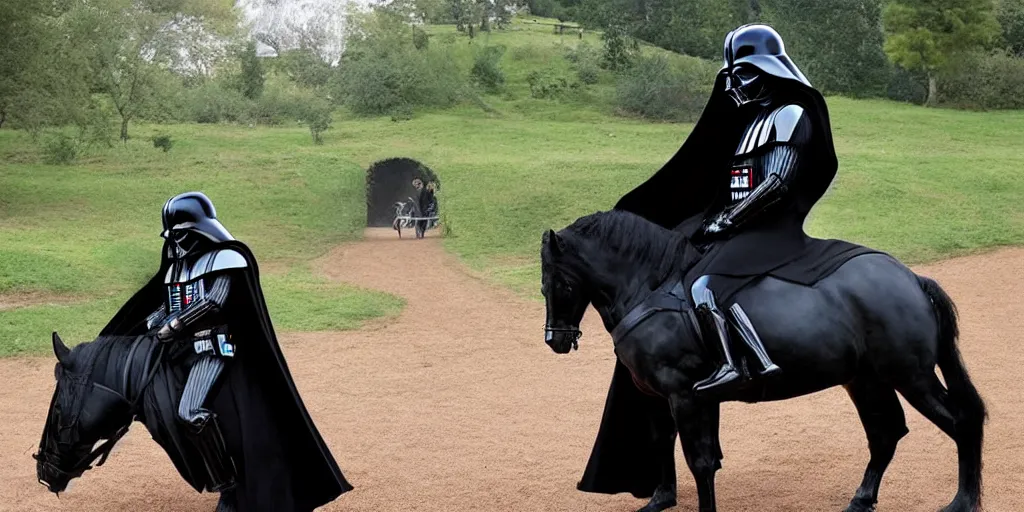 Prompt: Darth Vader rides on a horse and the horse has a Head in the shape of Frodo beutlin the hobbit, hobbit, hobbit, hobbithead