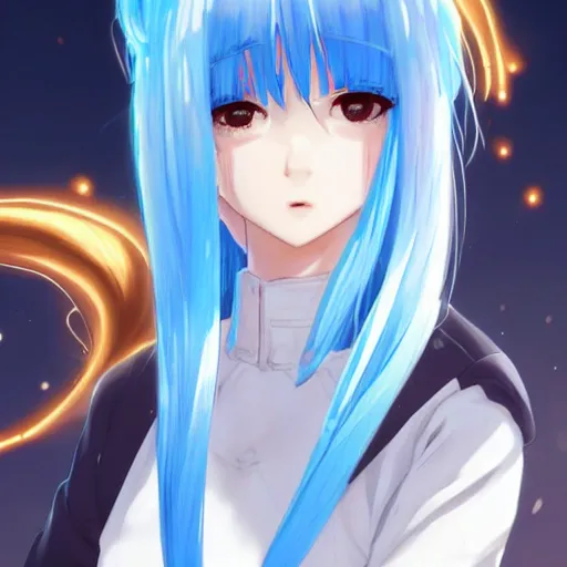 Image similar to profile shot of rimuru tempest looking forward, sky blue hair, ponytail, pretty, long bangs, gold eyes, black jacket with white stripes and a high collar, highly detailed, unreal engine 5, digital painting, concept art, cinematic, wlop | artgerm, pixiv, ilya kuvshinov, greg rutkowski, yoshitaka amano