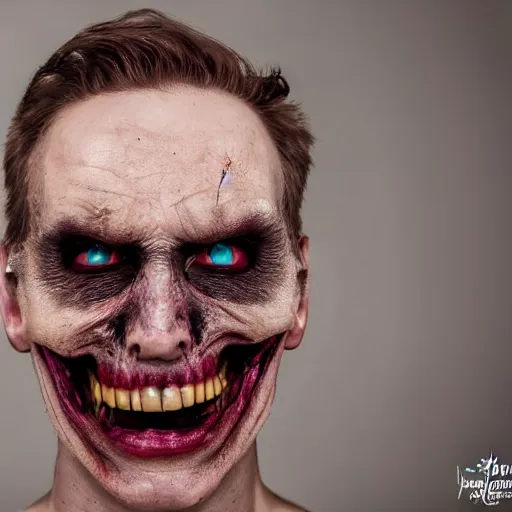 Prompt: Jerma985 with a cheek to cheek smile, sinister looking, evil intent, horror, uncanny, detailed, high resolution, sharpened, close-up, professional photography