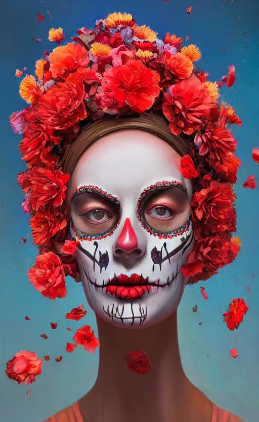 Image similar to a red oil painting hyperrealism of a beautiful woman, flowers, dia de los muertos makeup, floral headdress, 8 k resolution, octane render, trending on artstation, by gediminas pranckevicius, volumetric light 2 blue fractal thunder glow by dan mumford, anaglyph effect, laurie lipton