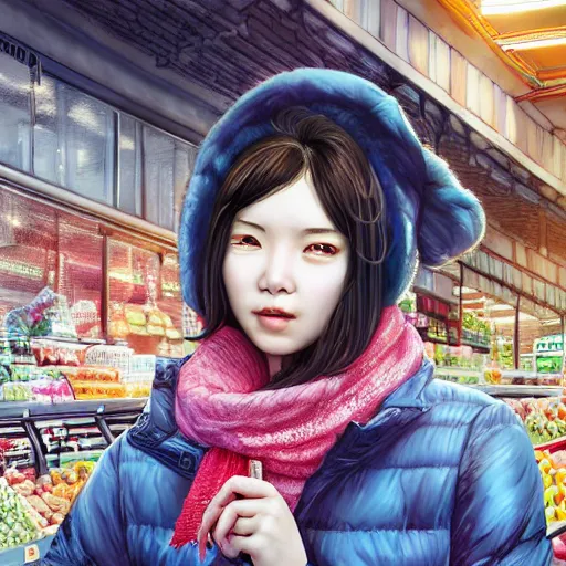 Image similar to the portrait a beautiful grocery young asia woman in down jacket, the background is a grocery store, winter, illustration by kim jung gi, irakli nadar, intricate linework, bright colors, octopath traveler, wenjun lin, unreal engine 5 highly rendered, global illumination, radiant light, detailed and intricate environment