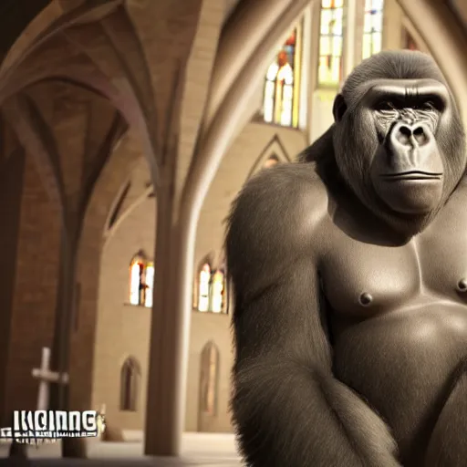 Image similar to big gorilla man terroizing church, 8k cinematic lighting, very sharp detail, anatomically correct