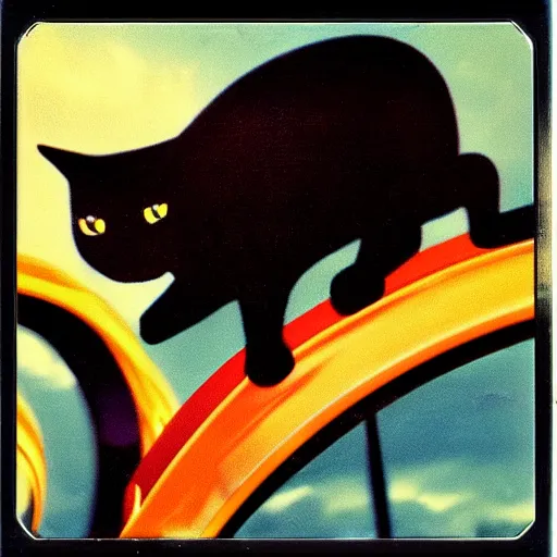 Image similar to black cat in a rollercoaster. the cat looks happy. sunny landscape. the rollercoaster has a looping. polaroid. technicolor.