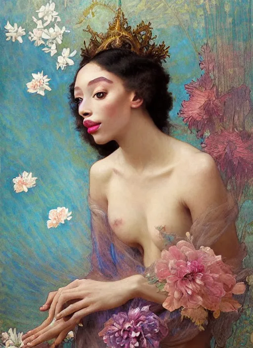 Image similar to a realistic oil painting of a beautiful young woman resembling winnie harlow, flowing robes, silk dress, peonies, crystal encrustations, underwater, fantasy art, by mucha, by bouguereau, intricate, colorful