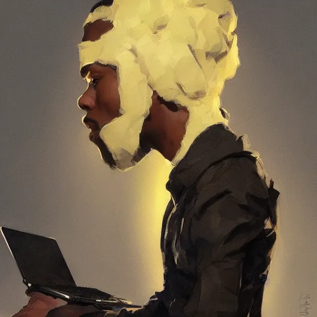 Image similar to a lightskinned black man with short hair, using a macbook, portrait, elegant, intricate, digital painting, artstation, concept art, smooth, sharp focus, illustration, art by konstantin korovin and daniel f. gerhartz and john howe