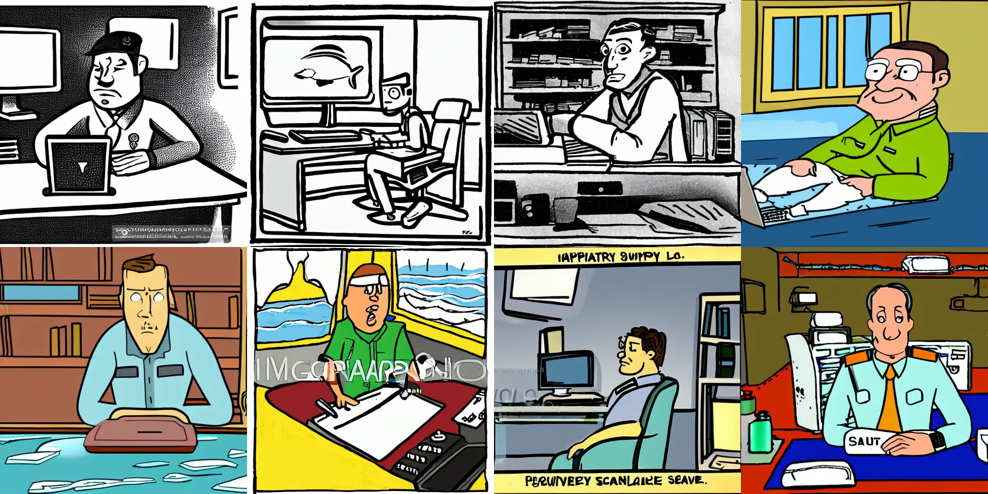 Prompt: captain murphy sitting at a computer in sea lab, original cartoon style