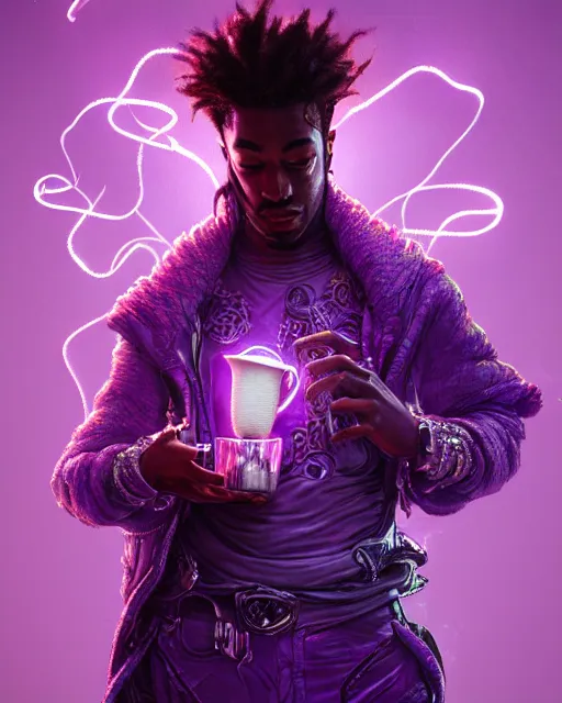 Prompt: future the rapper holding cup of codeine, accurate details, detailed face, purple liquid in cup glowing, fantasy, dramatic, intricate, elegant, highly detailed, digital painting, artstation, concept art, smooth, sharp focus, illustration, art by Gustave Dore, octane render