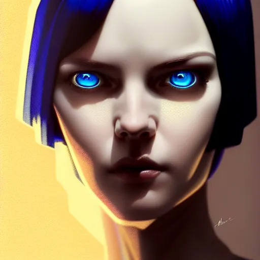 Image similar to woman with dark bobcut haircut with friendly blue eyes and slim features looking askance, cyberpunk bionics, retro - futurist style, intricate, elegant gleaming jewelry, angelic halo, highly detailed, digital painting, artstation, concept art, smooth, sharp focus, illustration, art by wlop, mars ravelo and greg rutkowski