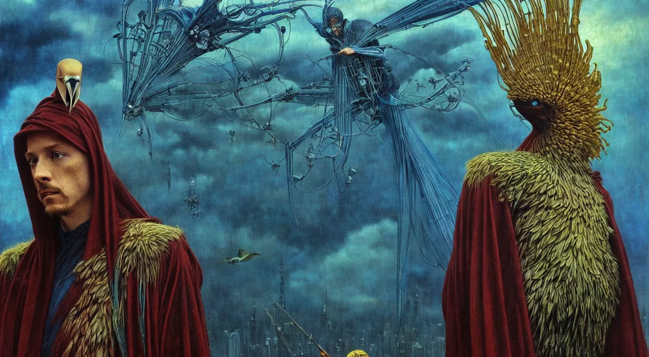 Image similar to realistic detailed portrait movie shot of a birdman wearing dark robes, sci fi city landscape background by denis villeneuve, amano, yves tanguy, alphonse mucha, ernst haeckel, max ernst, roger dean, masterpiece, rich moody colours, blue eyes, occult