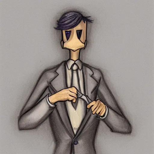 Prompt: drawing a stern and pale man in a beige peak lapel suit holding up a spoon in his hand in a menacing and threatening way, chiaroscuro, medium full shot, character design concept art