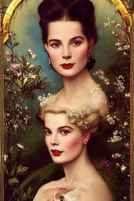 Image similar to A young and extremely beautiful Grace Kelly explaining the birds and the bees by Tom Bagshaw in the style of a modern Gaston Bussière, art nouveau, art deco, surrealism. Extremely lush detail. Melancholic night scene. Perfect composition and lighting. Profoundly surreal. High-contrast lush surrealistic photorealism. Sultry and mischievous expression on her face.