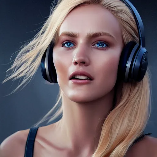 Image similar to epic action shot of beautiful swedish woman with symmetrical face stunning eyes and long blonde hair wearing headset laughing, weta disney pixar, hi - fructose, decadent highly - detailed digital painting, golden ratio, octane render, artstation, cinematic composition, smooth, sharp focus, artgerm, mucha, loish, wlop hdr