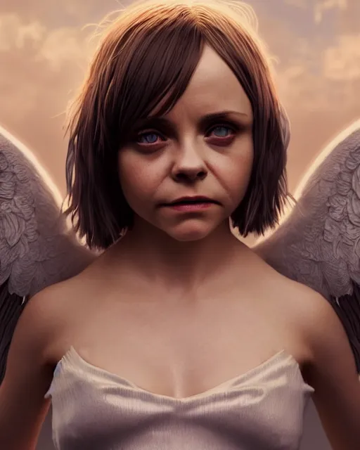 Image similar to christina Ricci as an angel, hyper realistic, prismatic highlights, atmosphere, gorgeous, depth of field, cinematic, macro, concept art, 50mm, artstation, wlop, elegant, epic, weta digital, focus, octane render, v-ray, 8k, kodak portra, art by Liberatore