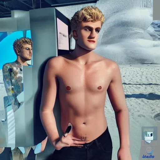 Image similar to a realistic detailed photo of a guy who is an attractive humanoid who is half robot and half humanoid, who is a male android, youtubers jake paul & logan paul, shiny skin, posing like a statue, blank stare, at the beach, on display