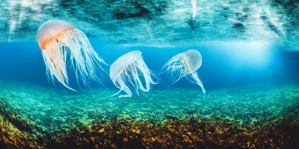 Image similar to full - length professional photo underwater landscape with a transparent big flying jellyfish, ultra high detailed, volumetric lightning, photo by david doubilet
