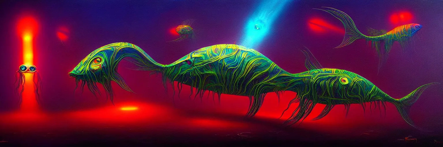 Image similar to strange alien fish creatures from the depths of the collective unconscious, dramatic lighting, surreal darkly colorful painting by ronny khalil