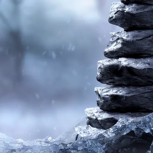 Image similar to a closeup photorealistic photograph of a rock tower with some leaves, in an icy place, fantastic four theme.. bright scene. fine detail. this 4 k hd image is trending on artstation, featured on behance, well - rendered, extra crisp, features intricate detail, epic composition and the style of unreal engine.