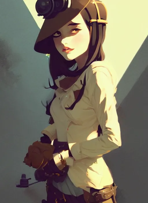 Image similar to portrait of cute girl, steampunk by atey ghailan, by greg rutkowski, by greg tocchini, by james gilleard, by joe gb fenton, by in gb kaethe butcher, dynamic lighting, gradient light yellow, brown, blonde cream and white color in scheme, grunge aesthetic