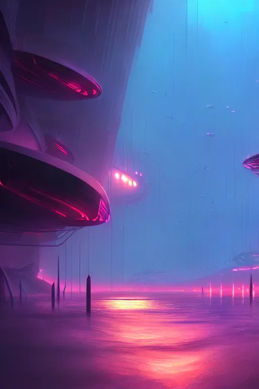 Prompt: emissary futuristic underwater city with pink street lighting, bioluminescence tides, by tim blandin and arthur haas and bruce pennington and john schoenherr, cinematic matte painting, zaha hadid building, photo realism, dark moody color palate, blue hour stars, desolate glacial landscape,