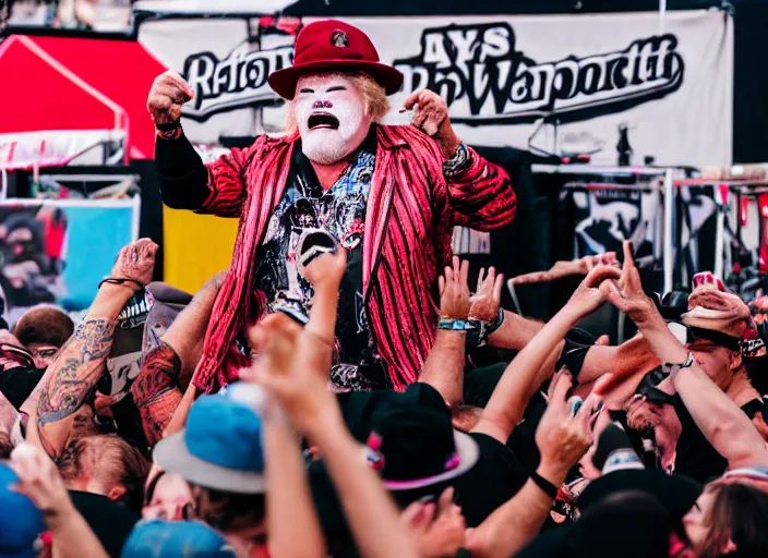 Image similar to photo still of rip taylor at vans warped tour!!!!!!!! at age 6 3 years old 6 3 years of age!!!!!!! stage diving at a crowd, 8 k, 8 5 mm f 1. 8, studio lighting, rim light, right side key light